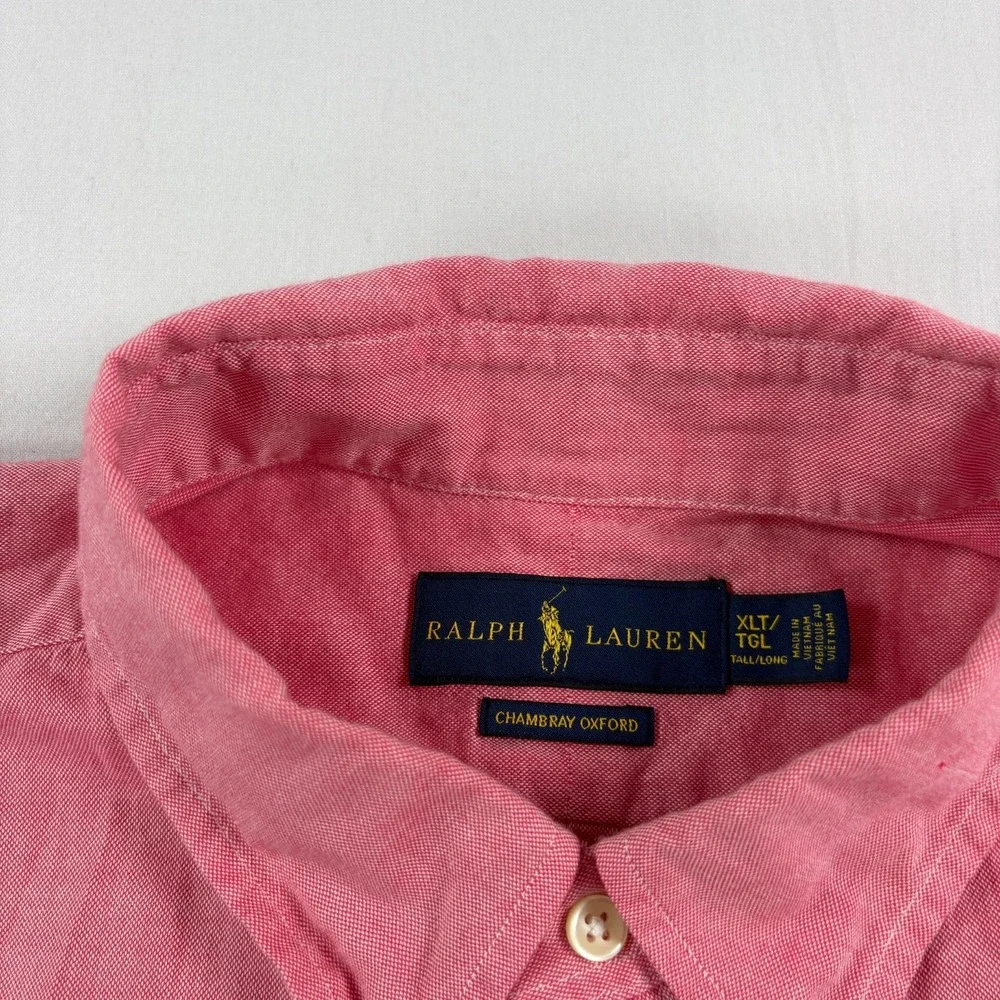 Polo Ralph Lauren Shirt Mens XLT Tall Pink Chambray Oxford Flesh Pony Button Up